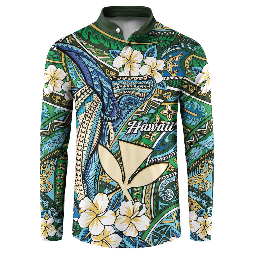 Personalised Hawaii Tribal Humpback Whale Button Sweatshirt Omaomao Hibiscus Seamless Pattern