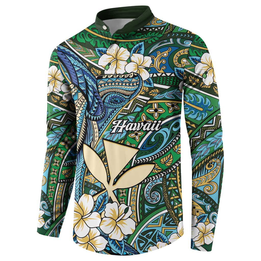 Personalised Hawaii Tribal Humpback Whale Button Sweatshirt Omaomao Hibiscus Seamless Pattern