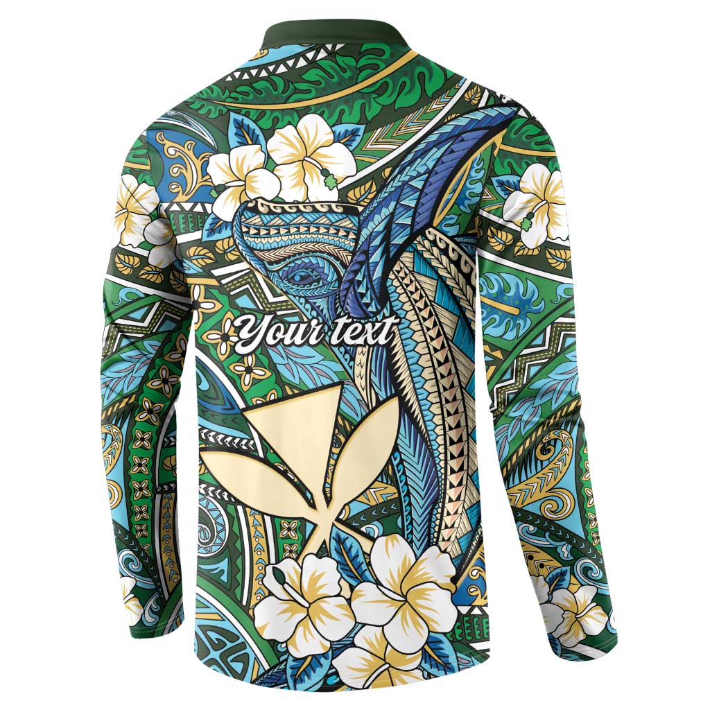 Personalised Hawaii Tribal Humpback Whale Button Sweatshirt Omaomao Hibiscus Seamless Pattern