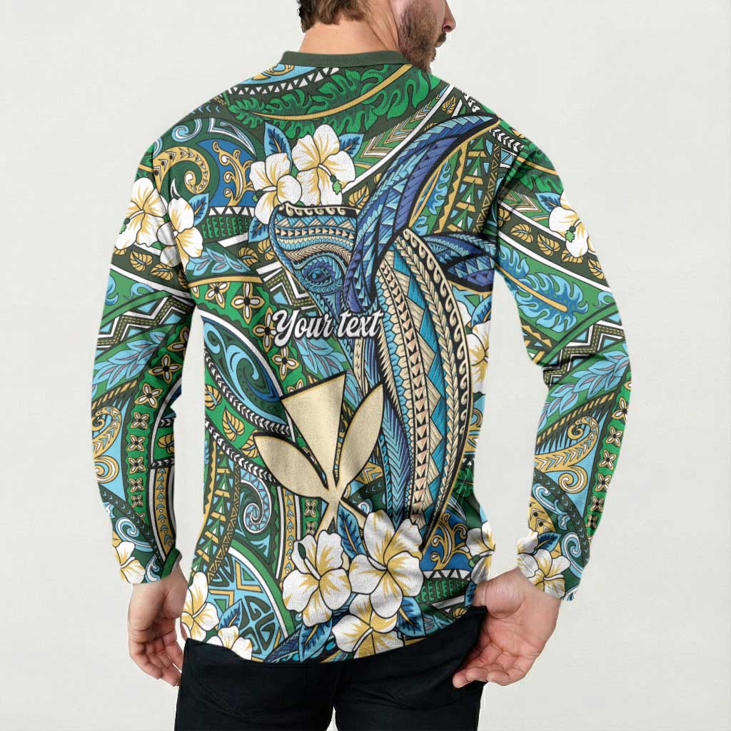 Personalised Hawaii Tribal Humpback Whale Button Sweatshirt Omaomao Hibiscus Seamless Pattern