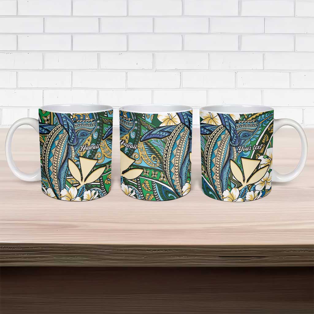 Personalised Hawaii Tribal Humpback Whale Ceramic Mug Omaomao Hibiscus Seamless Pattern