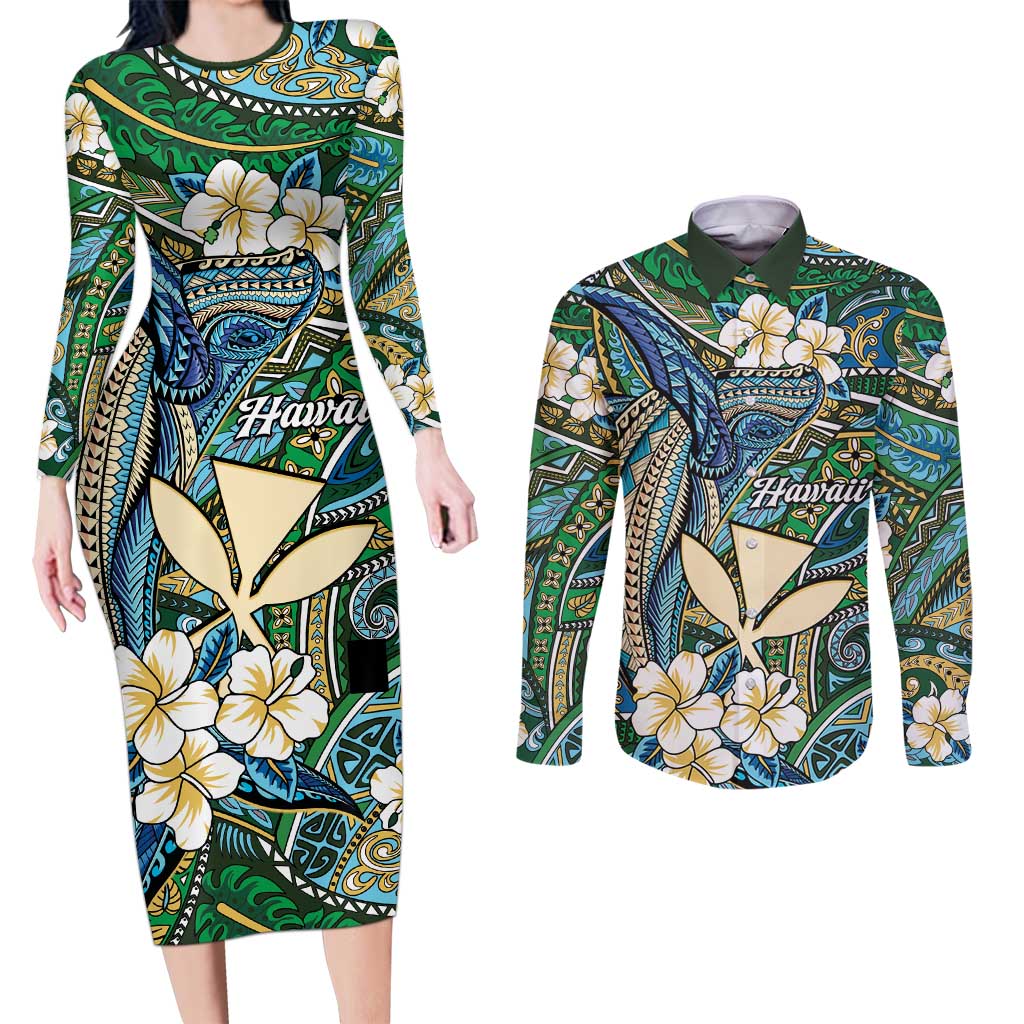 Personalised Hawaii Tribal Humpback Whale Couples Matching Long Sleeve Bodycon Dress and Long Sleeve Button Shirt Omaomao Hibiscus Seamless Pattern