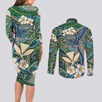 Personalised Hawaii Tribal Humpback Whale Couples Matching Long Sleeve Bodycon Dress and Long Sleeve Button Shirt Omaomao Hibiscus Seamless Pattern