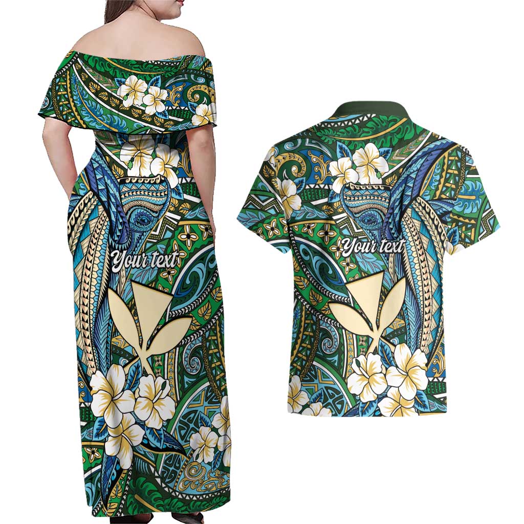 Personalised Hawaii Tribal Humpback Whale Couples Matching Off Shoulder Maxi Dress and Hawaiian Shirt Omaomao Hibiscus Seamless Pattern