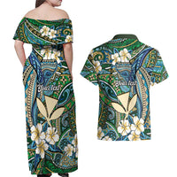 Personalised Hawaii Tribal Humpback Whale Couples Matching Off Shoulder Maxi Dress and Hawaiian Shirt Omaomao Hibiscus Seamless Pattern