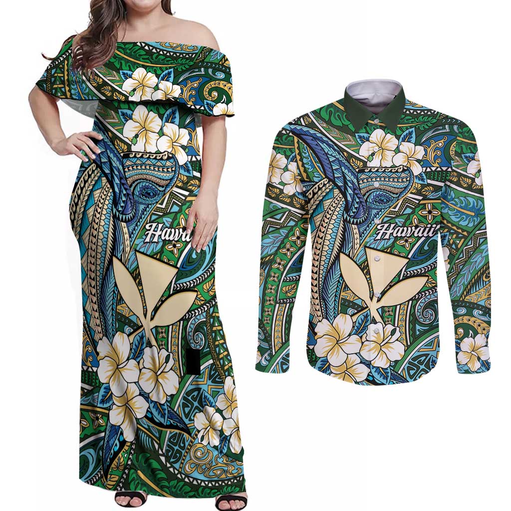 Personalised Hawaii Tribal Humpback Whale Couples Matching Off Shoulder Maxi Dress and Long Sleeve Button Shirt Omaomao Hibiscus Seamless Pattern