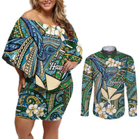 Personalised Hawaii Tribal Humpback Whale Couples Matching Off Shoulder Short Dress and Long Sleeve Button Shirt Omaomao Hibiscus Seamless Pattern