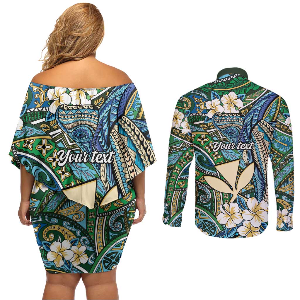 Personalised Hawaii Tribal Humpback Whale Couples Matching Off Shoulder Short Dress and Long Sleeve Button Shirt Omaomao Hibiscus Seamless Pattern