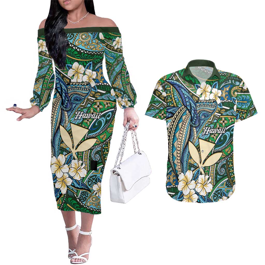 Personalised Hawaii Tribal Humpback Whale Couples Matching Off The Shoulder Long Sleeve Dress and Hawaiian Shirt Omaomao Hibiscus Seamless Pattern