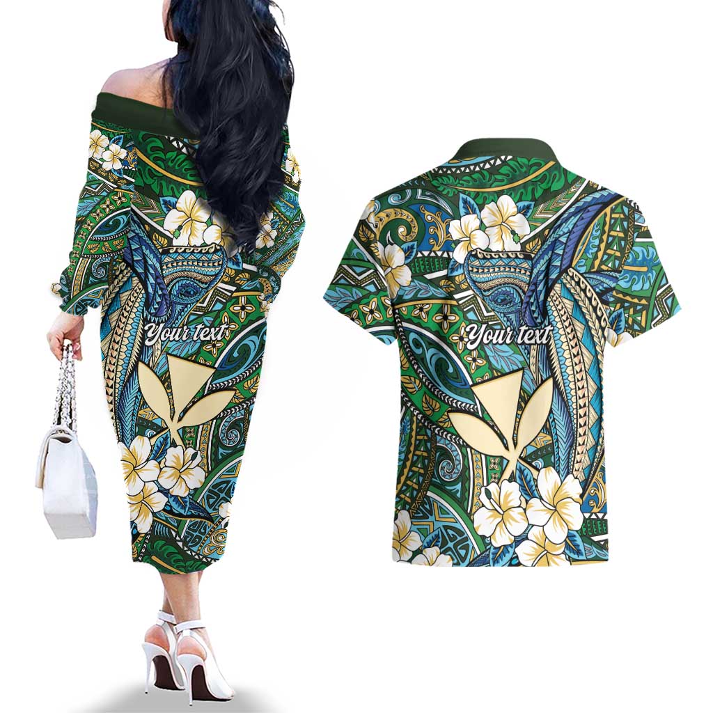 Personalised Hawaii Tribal Humpback Whale Couples Matching Off The Shoulder Long Sleeve Dress and Hawaiian Shirt Omaomao Hibiscus Seamless Pattern