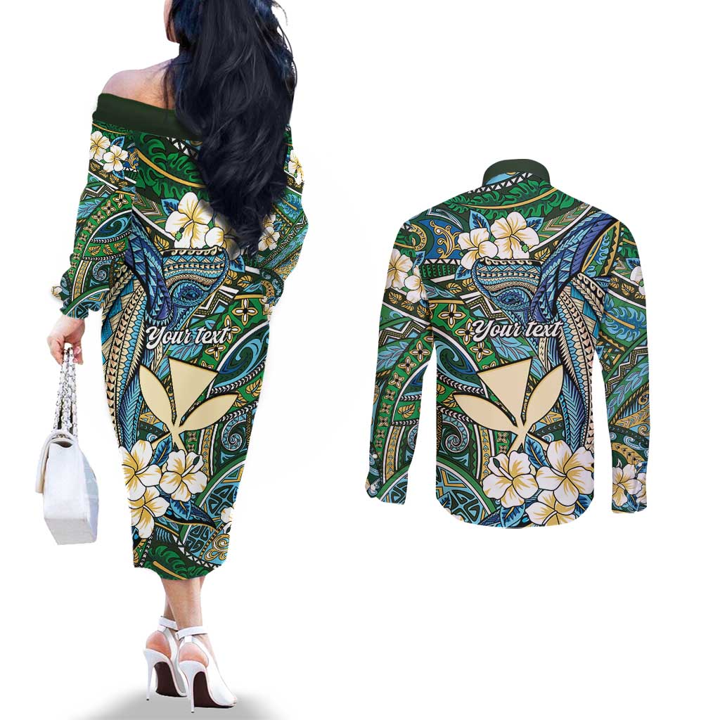 Personalised Hawaii Tribal Humpback Whale Couples Matching Off The Shoulder Long Sleeve Dress and Long Sleeve Button Shirt Omaomao Hibiscus Seamless Pattern