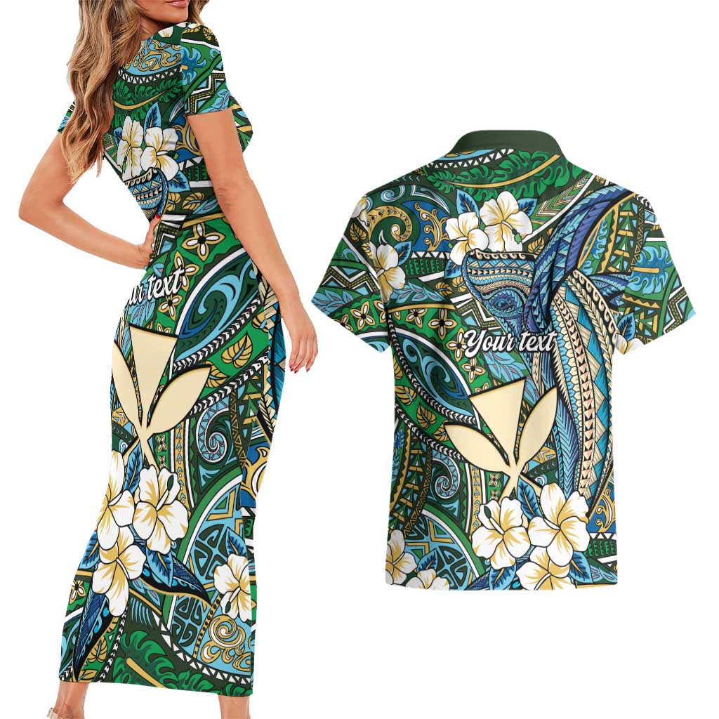 Personalised Hawaii Tribal Humpback Whale Couples Matching Short Sleeve Bodycon Dress and Hawaiian Shirt Omaomao Hibiscus Seamless Pattern