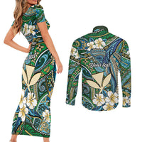 Personalised Hawaii Tribal Humpback Whale Couples Matching Short Sleeve Bodycon Dress and Long Sleeve Button Shirt Omaomao Hibiscus Seamless Pattern