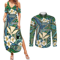 Personalised Hawaii Tribal Humpback Whale Couples Matching Summer Maxi Dress and Long Sleeve Button Shirt Omaomao Hibiscus Seamless Pattern