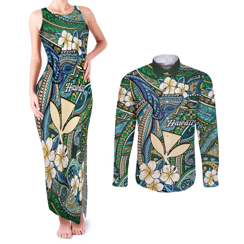Personalised Hawaii Tribal Humpback Whale Couples Matching Tank Maxi Dress and Long Sleeve Button Shirt Omaomao Hibiscus Seamless Pattern