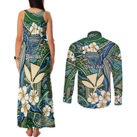 Personalised Hawaii Tribal Humpback Whale Couples Matching Tank Maxi Dress and Long Sleeve Button Shirt Omaomao Hibiscus Seamless Pattern