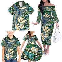 Personalised Hawaii Tribal Humpback Whale Family Matching Off The Shoulder Long Sleeve Dress and Hawaiian Shirt Omaomao Hibiscus Seamless Pattern