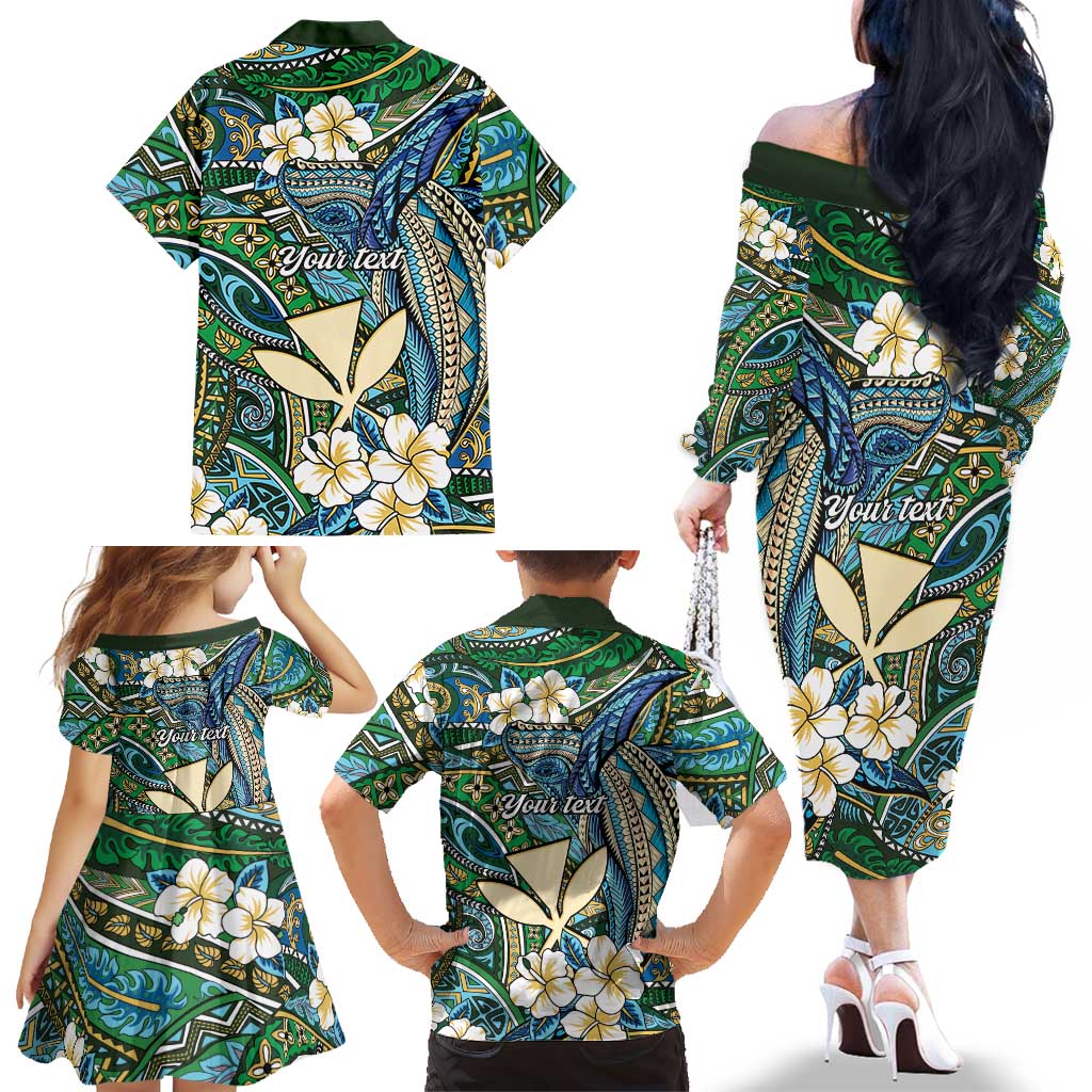 Personalised Hawaii Tribal Humpback Whale Family Matching Off The Shoulder Long Sleeve Dress and Hawaiian Shirt Omaomao Hibiscus Seamless Pattern