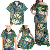 Personalised Hawaii Tribal Humpback Whale Family Matching Off Shoulder Maxi Dress and Hawaiian Shirt Omaomao Hibiscus Seamless Pattern