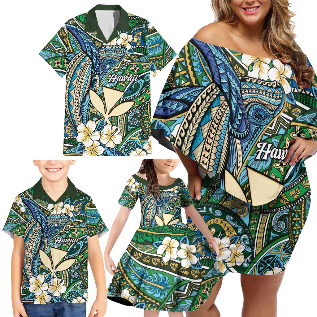 Personalised Hawaii Tribal Humpback Whale Family Matching Off Shoulder Short Dress and Hawaiian Shirt Omaomao Hibiscus Seamless Pattern