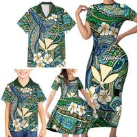 Personalised Hawaii Tribal Humpback Whale Family Matching Short Sleeve Bodycon Dress and Hawaiian Shirt Omaomao Hibiscus Seamless Pattern