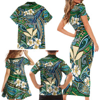 Personalised Hawaii Tribal Humpback Whale Family Matching Short Sleeve Bodycon Dress and Hawaiian Shirt Omaomao Hibiscus Seamless Pattern