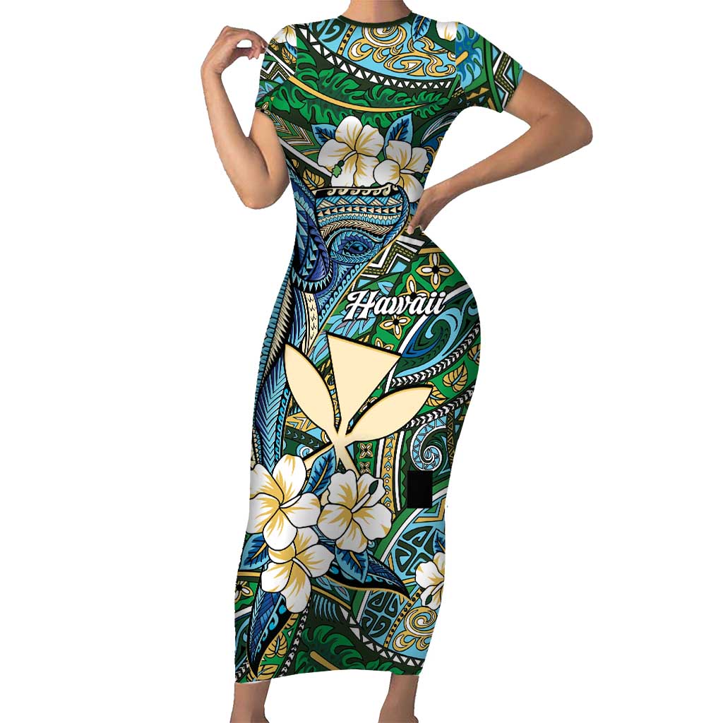 Personalised Hawaii Tribal Humpback Whale Family Matching Short Sleeve Bodycon Dress and Hawaiian Shirt Omaomao Hibiscus Seamless Pattern