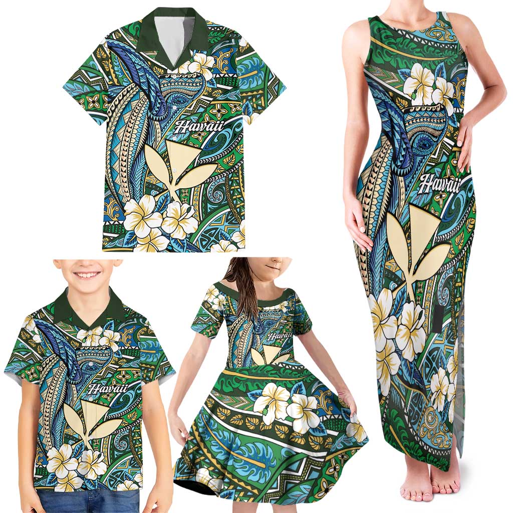 Personalised Hawaii Tribal Humpback Whale Family Matching Tank Maxi Dress and Hawaiian Shirt Omaomao Hibiscus Seamless Pattern