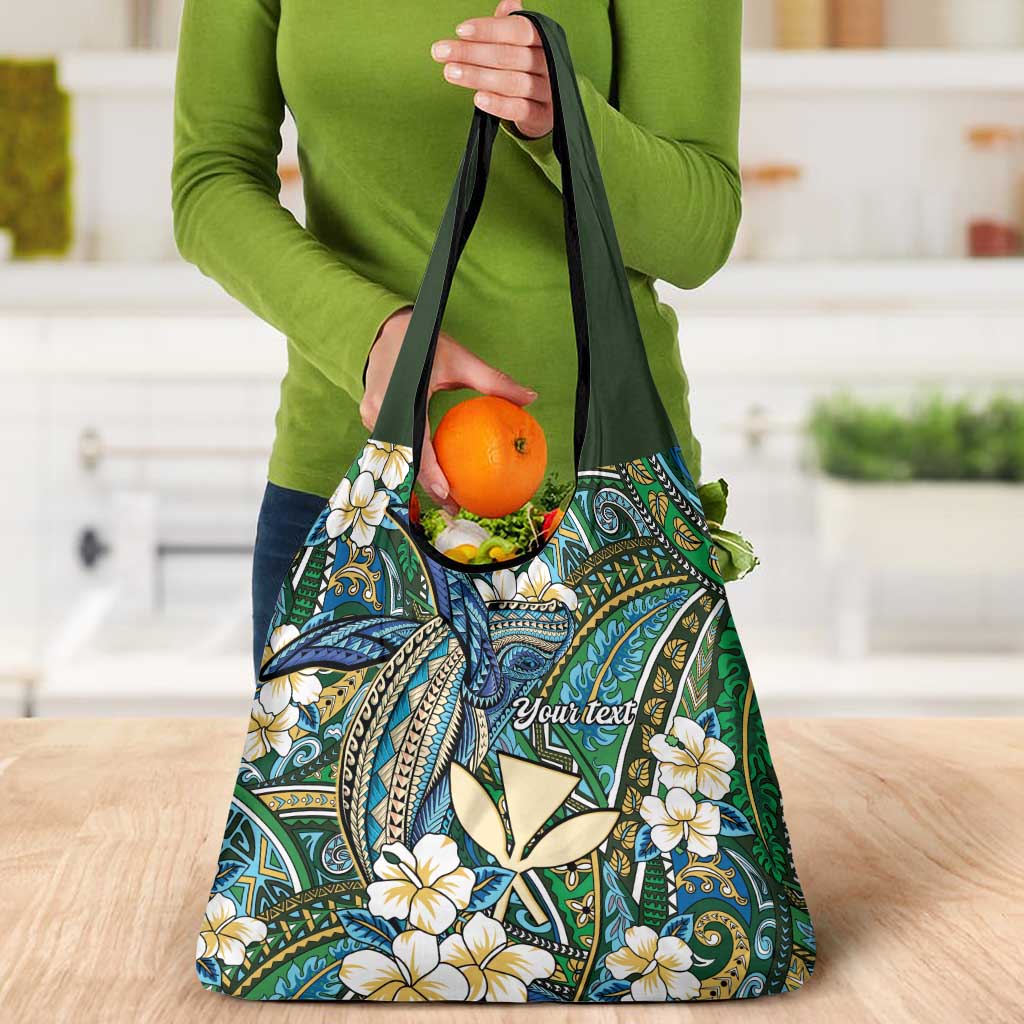 Personalised Hawaii Tribal Humpback Whale Grocery Bag Omaomao Hibiscus Seamless Pattern