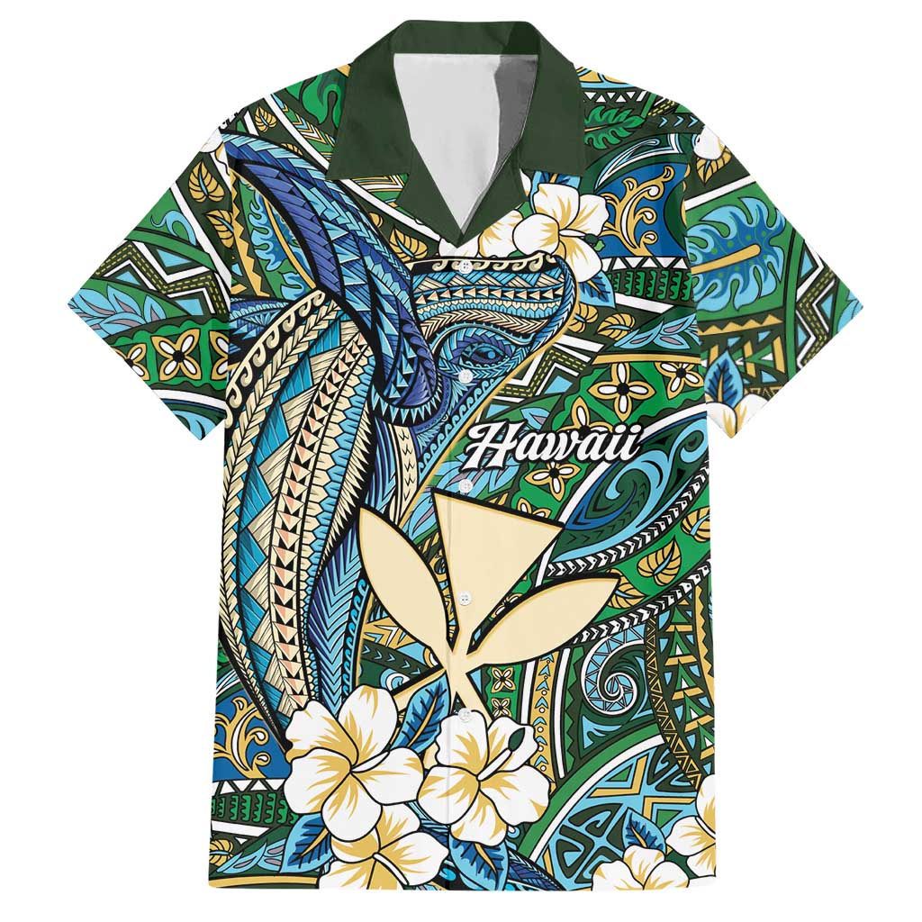 Personalised Hawaii Tribal Humpback Whale Hawaiian Shirt Omaomao Hibiscus Seamless Pattern LT9 Green - Polynesian Pride