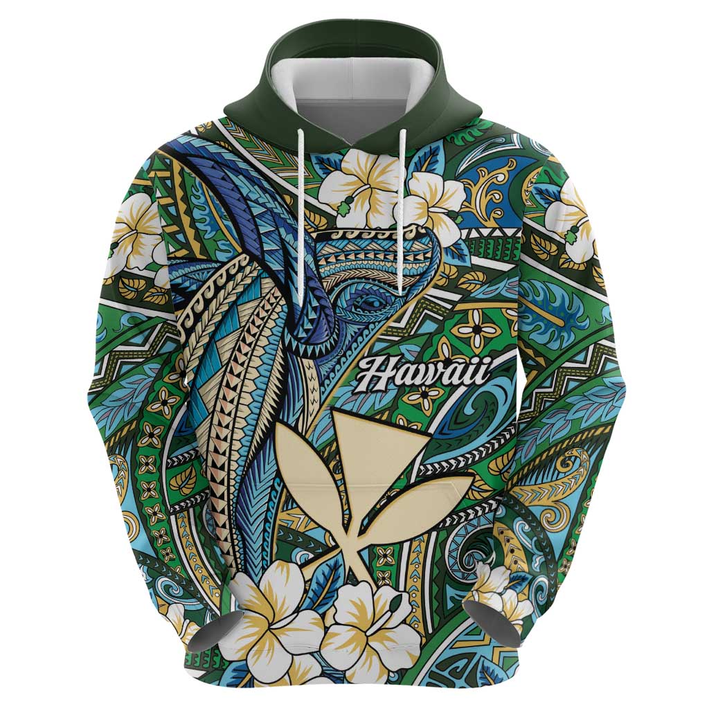Personalised Hawaii Tribal Humpback Whale Hoodie Omaomao Hibiscus Seamless Pattern
