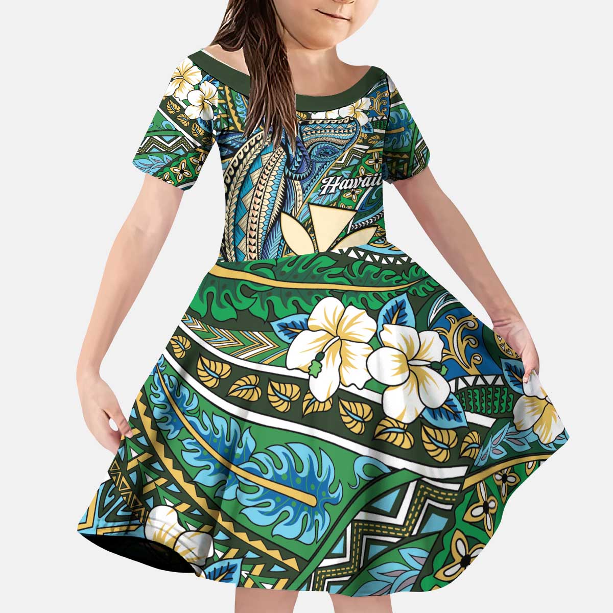 Personalised Hawaii Tribal Humpback Whale Kid Short Sleeve Dress Omaomao Hibiscus Seamless Pattern LT9 KID Green - Polynesian Pride