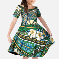Personalised Hawaii Tribal Humpback Whale Kid Short Sleeve Dress Omaomao Hibiscus Seamless Pattern LT9 KID Green - Polynesian Pride