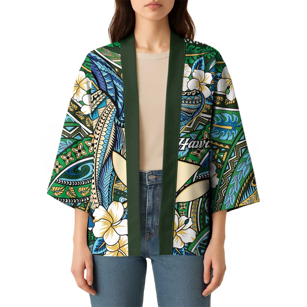 Personalised Hawaii Tribal Humpback Whale Kimono Omaomao Hibiscus Seamless Pattern