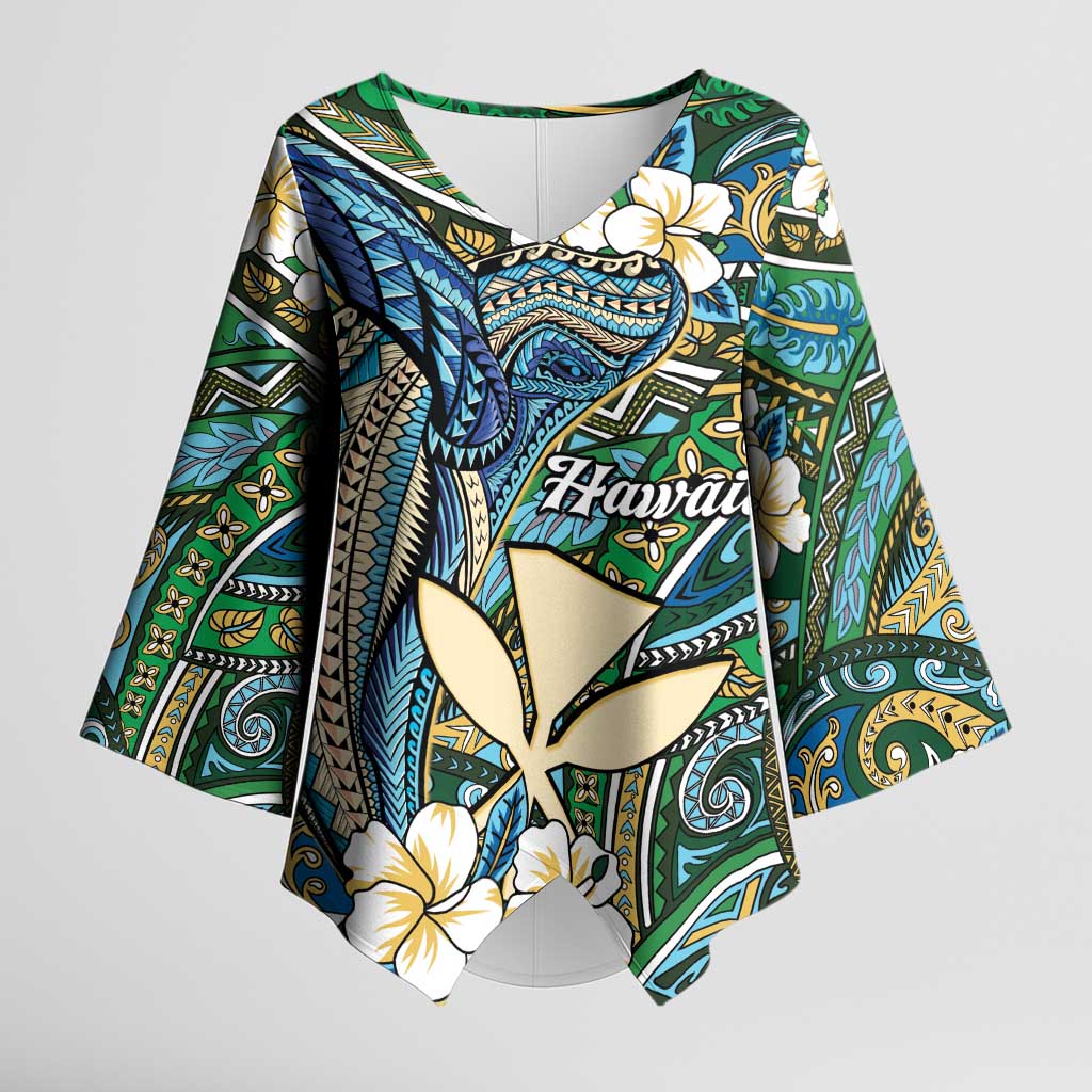 Personalised Hawaii Tribal Humpback Whale Kimono Sleeve Blouse Omaomao Hibiscus Seamless Pattern LT9 Female Green - Polynesian Pride