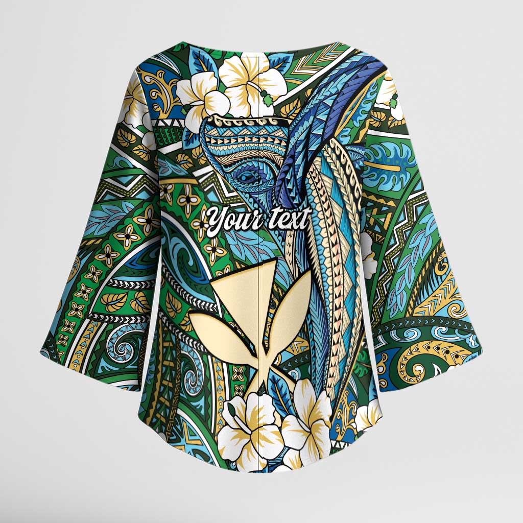 Personalised Hawaii Tribal Humpback Whale Kimono Sleeve Blouse Omaomao Hibiscus Seamless Pattern LT9 - Polynesian Pride