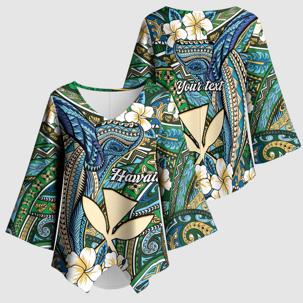 Personalised Hawaii Tribal Humpback Whale Kimono Sleeve Blouse Omaomao Hibiscus Seamless Pattern LT9 - Polynesian Pride