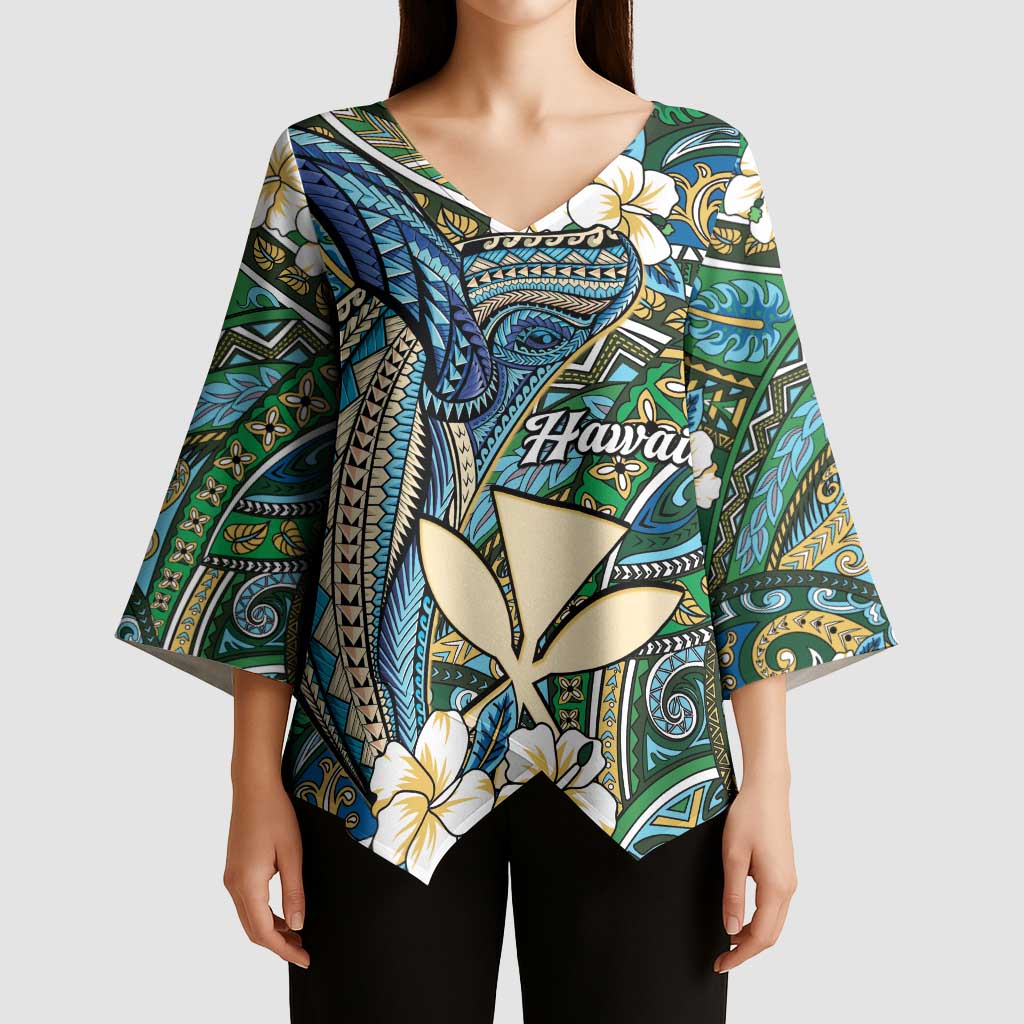 Personalised Hawaii Tribal Humpback Whale Kimono Sleeve Blouse Omaomao Hibiscus Seamless Pattern LT9 - Polynesian Pride