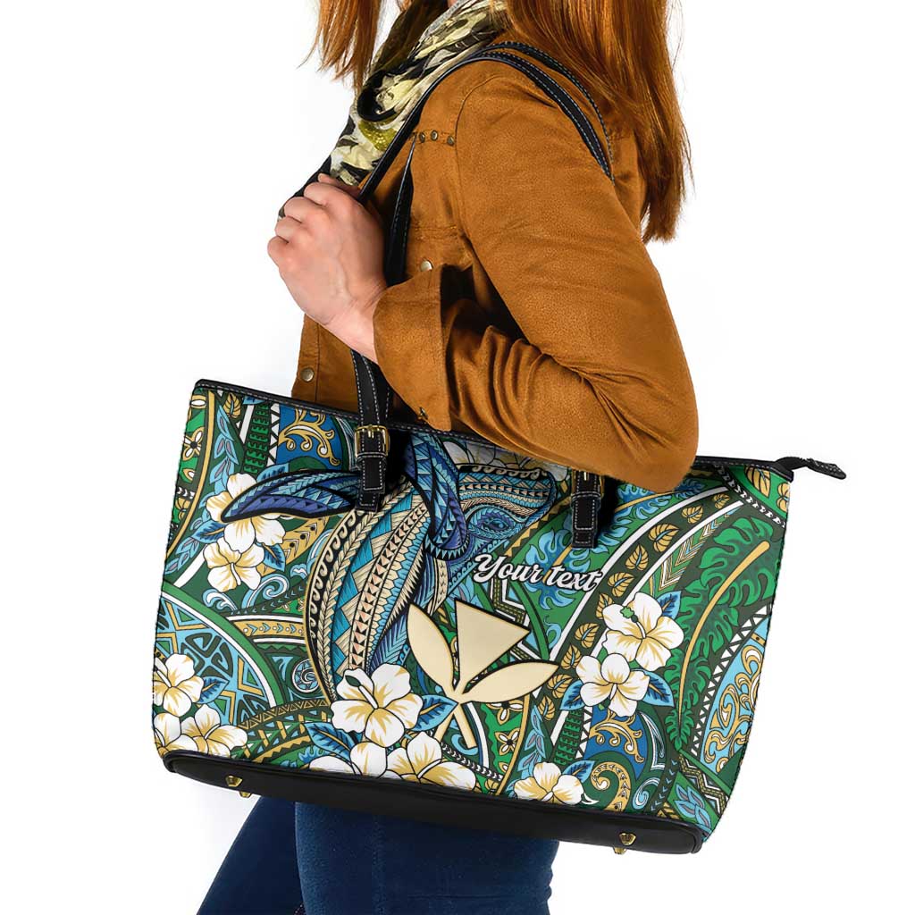 Personalised Hawaii Tribal Humpback Whale Leather Tote Bag Omaomao Hibiscus Seamless Pattern LT9 Green - Polynesian Pride