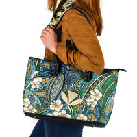 Personalised Hawaii Tribal Humpback Whale Leather Tote Bag Omaomao Hibiscus Seamless Pattern LT9 Green - Polynesian Pride