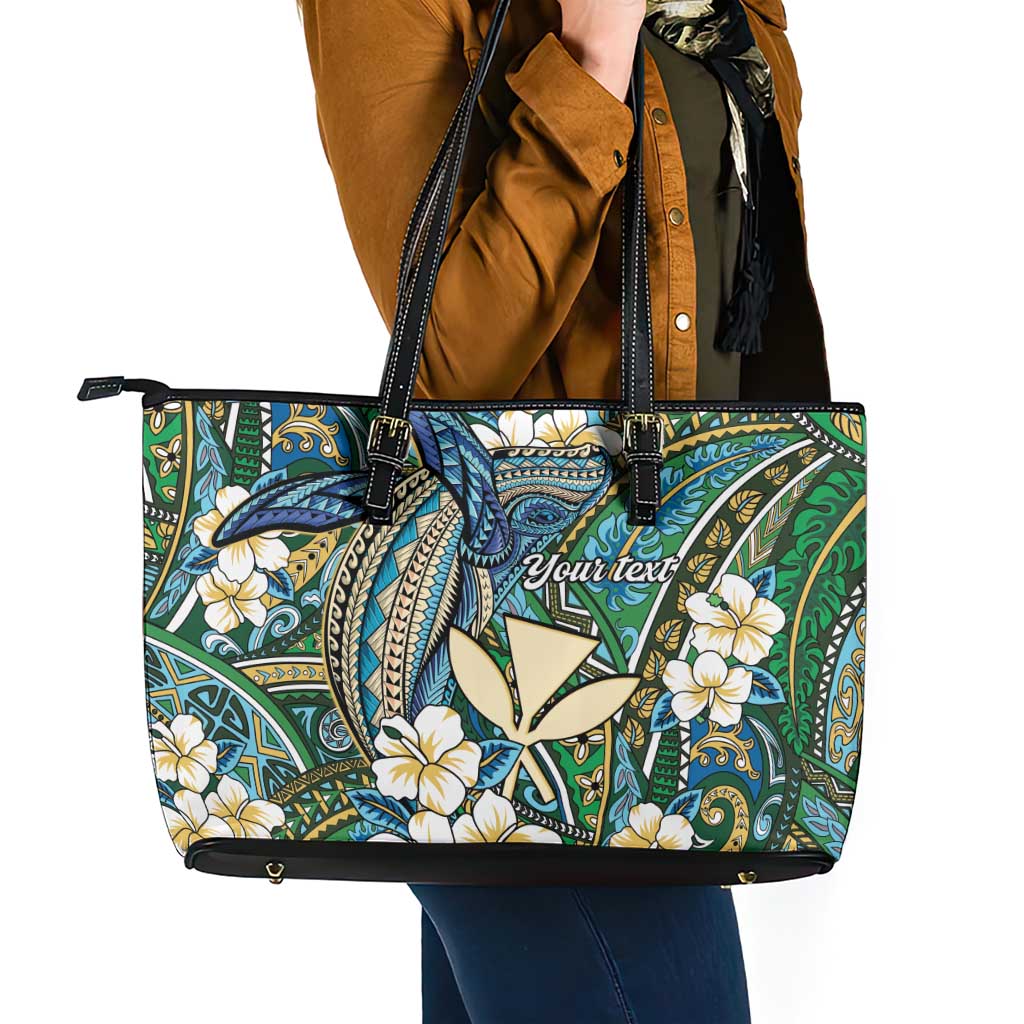 Personalised Hawaii Tribal Humpback Whale Leather Tote Bag Omaomao Hibiscus Seamless Pattern LT9 - Polynesian Pride