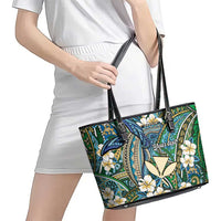 Personalised Hawaii Tribal Humpback Whale Leather Tote Bag Omaomao Hibiscus Seamless Pattern LT9 - Polynesian Pride