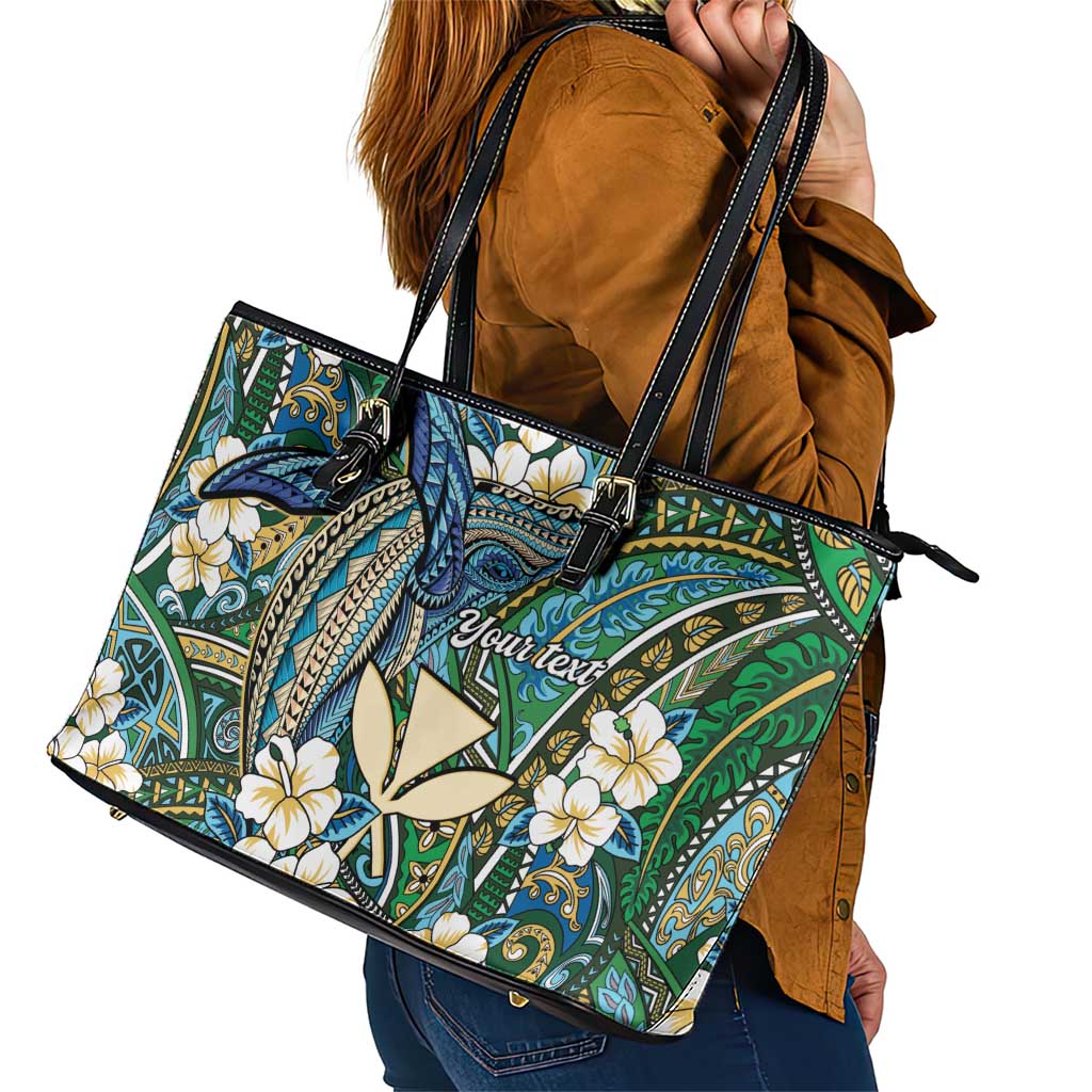 Personalised Hawaii Tribal Humpback Whale Leather Tote Bag Omaomao Hibiscus Seamless Pattern LT9 - Polynesian Pride