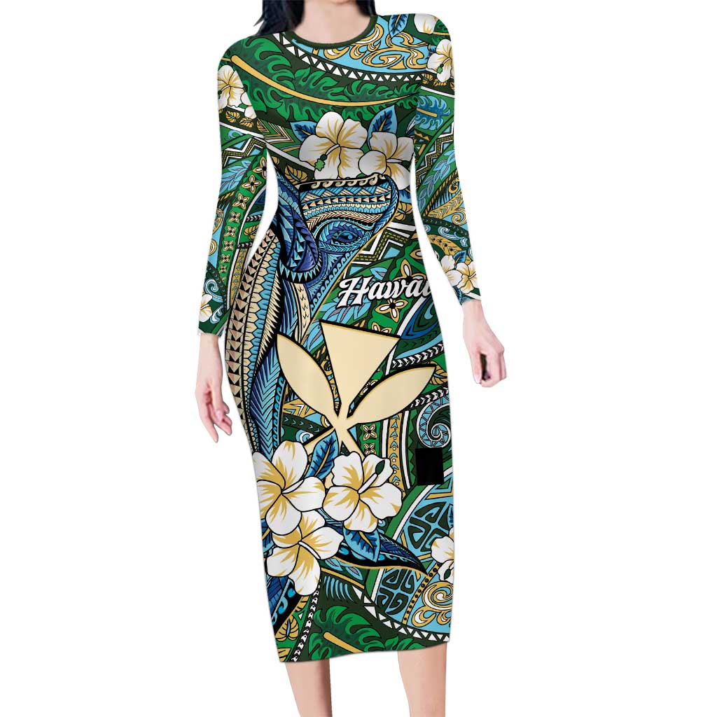 Personalised Hawaii Tribal Humpback Whale Long Sleeve Bodycon Dress Omaomao Hibiscus Seamless Pattern