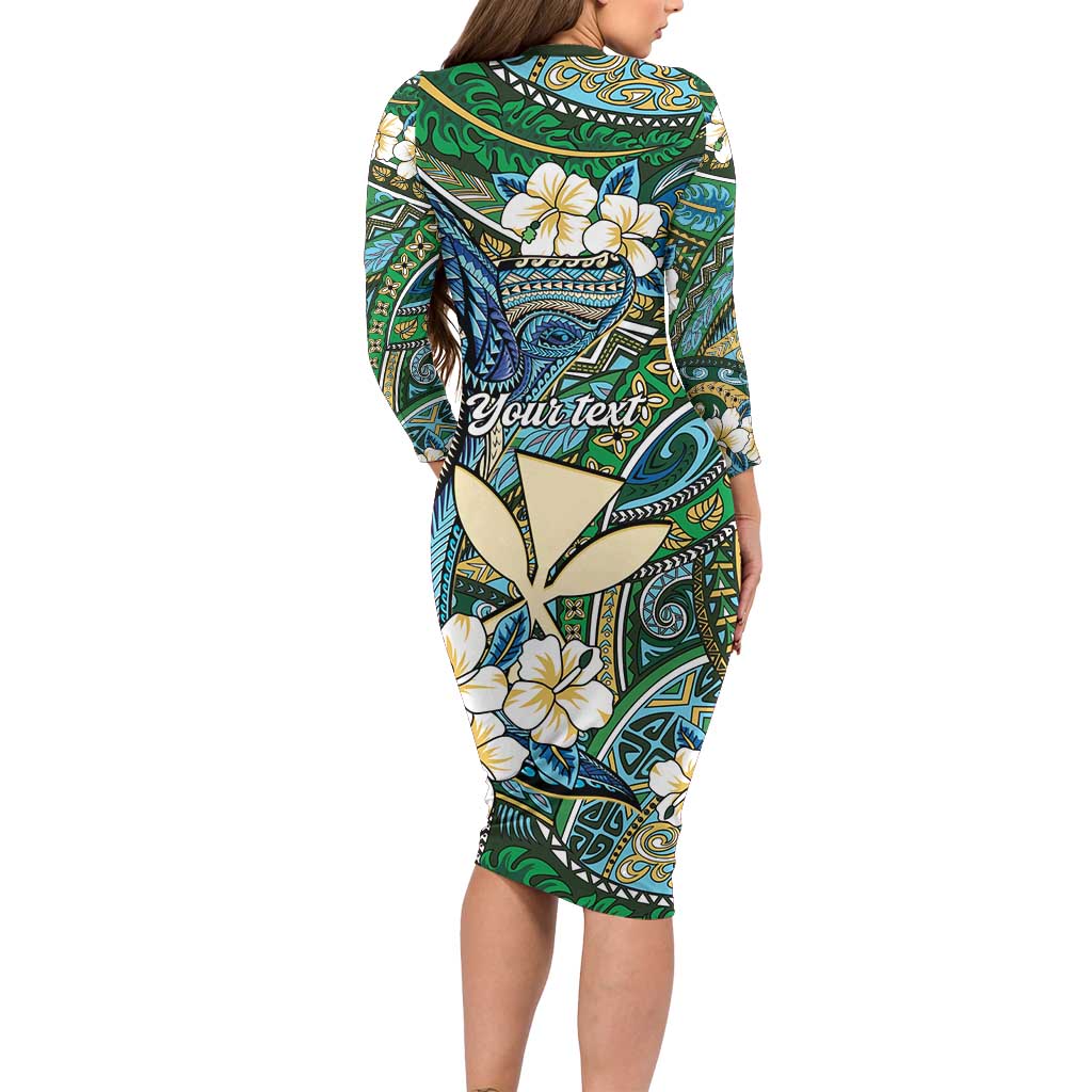 Personalised Hawaii Tribal Humpback Whale Long Sleeve Bodycon Dress Omaomao Hibiscus Seamless Pattern