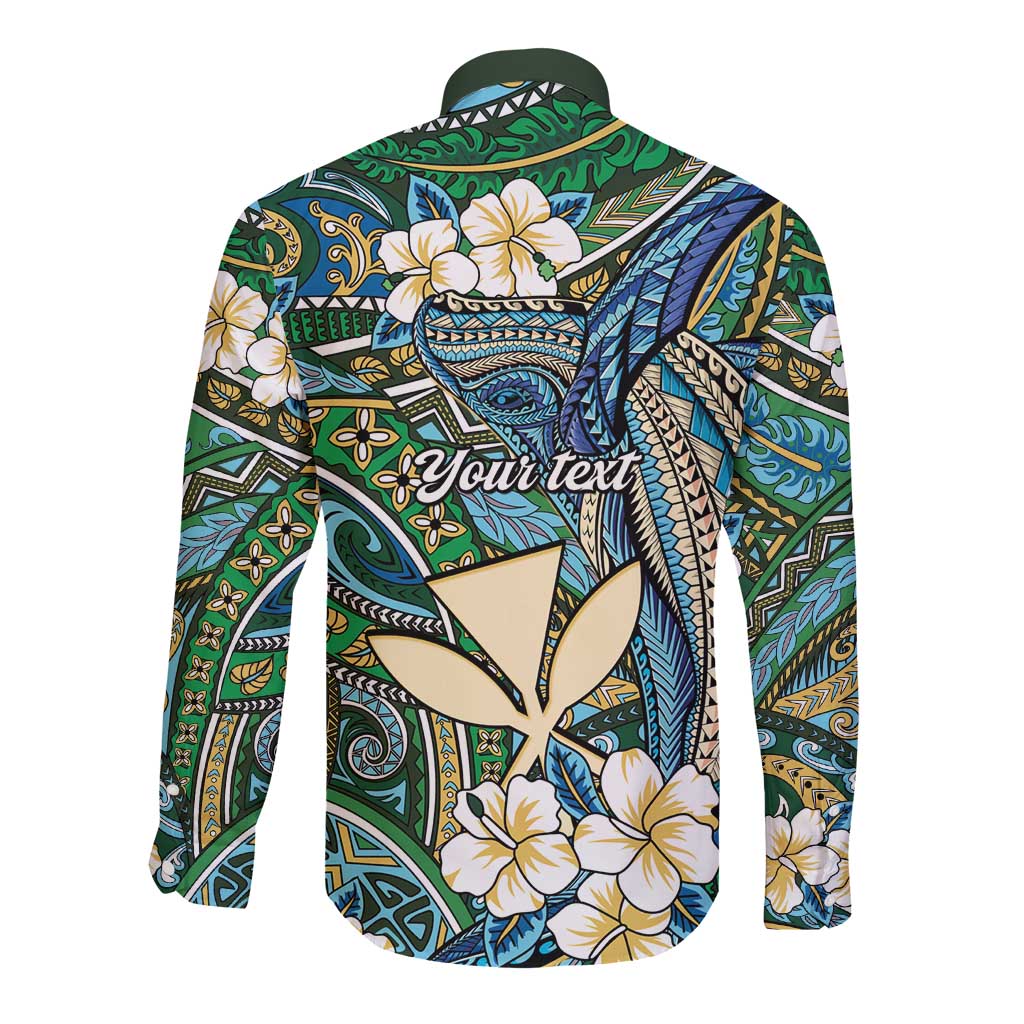 Personalised Hawaii Tribal Humpback Whale Long Sleeve Button Shirt Omaomao Hibiscus Seamless Pattern