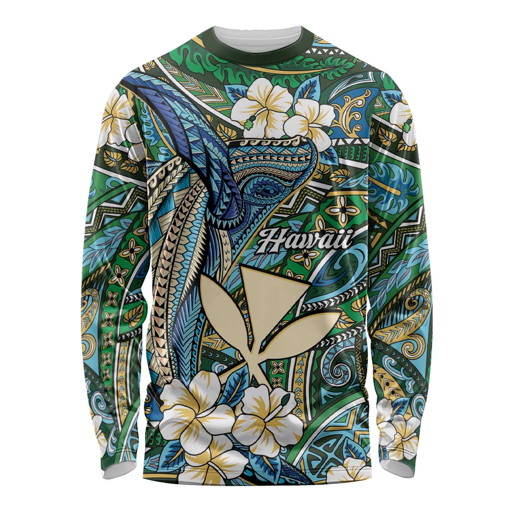 Personalised Hawaii Tribal Humpback Whale Long Sleeve Shirt Omaomao Hibiscus Seamless Pattern LT9 Unisex Green - Polynesian Pride
