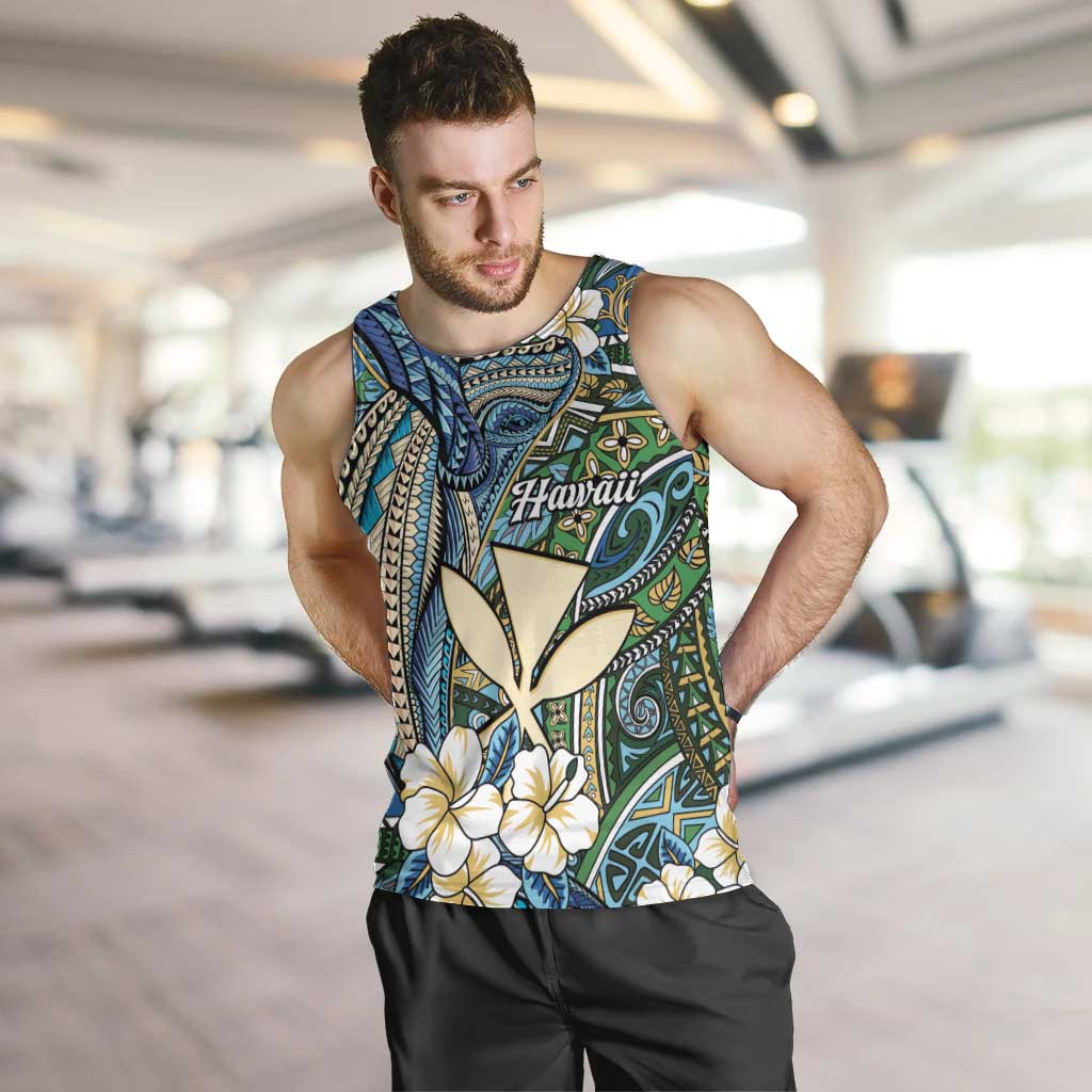 Personalised Hawaii Tribal Humpback Whale Men Tank Top Omaomao Hibiscus Seamless Pattern LT9 Green - Polynesian Pride