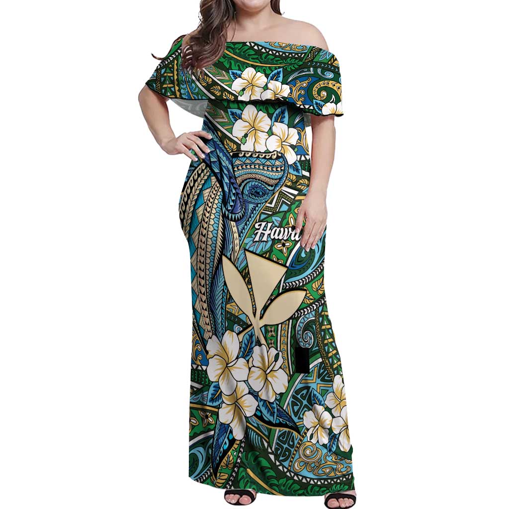 Personalised Hawaii Tribal Humpback Whale Off Shoulder Maxi Dress Omaomao Hibiscus Seamless Pattern
