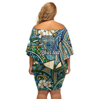 Personalised Hawaii Tribal Humpback Whale Off Shoulder Short Dress Omaomao Hibiscus Seamless Pattern